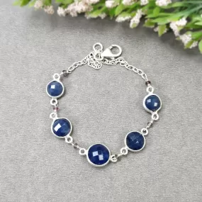 925 Sterling Silver Bracelet : 5.70gm Natural Blue Sapphire Gemstone Round Checker Cut Briolette Bezel Set Chain Bracelet 8"