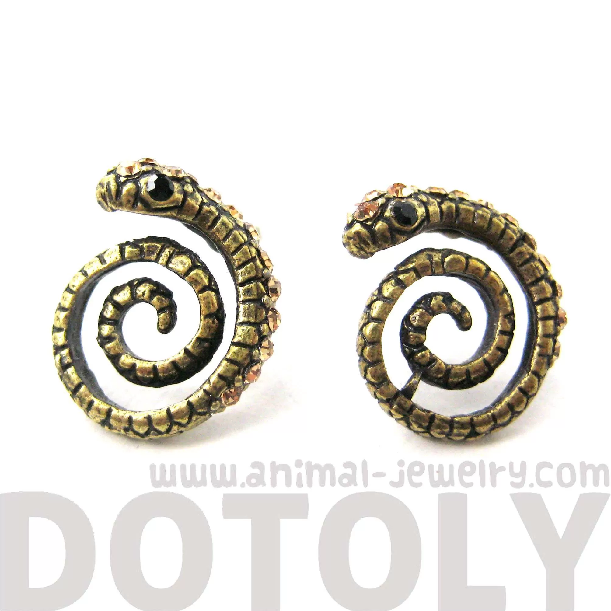 Snake Shaped Stud Earrings in Brass with Rhinestones | Animal Jewelry